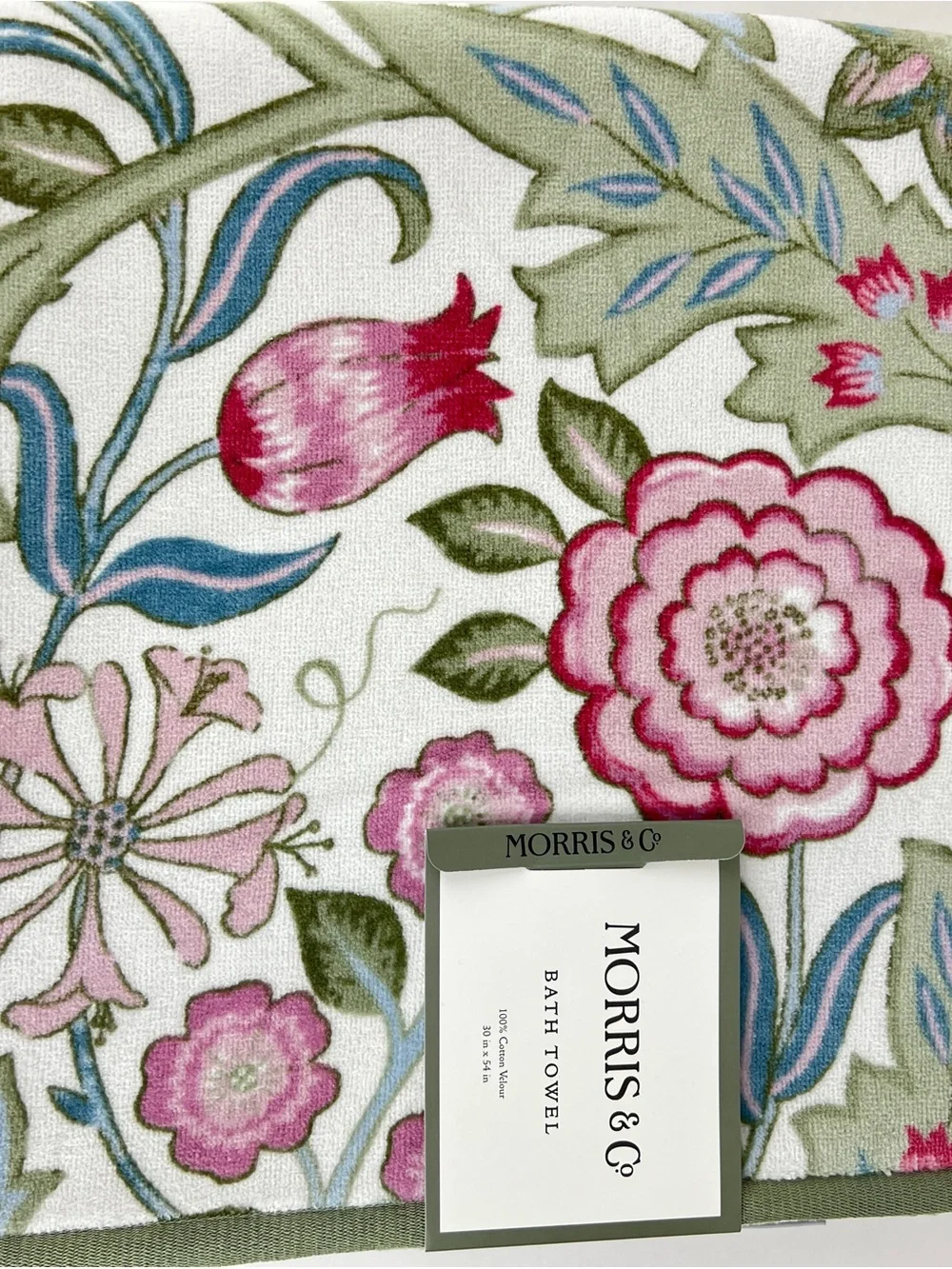 William Morris Bath Towels Floral Print Green Blue Pink Velour Cotton 2 Pc NEW